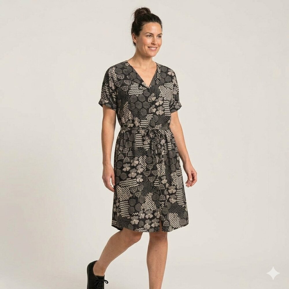 GUDRUN SJODEN "VIOLA" Button Front Short Sleeve Shirt Dress Black/White L